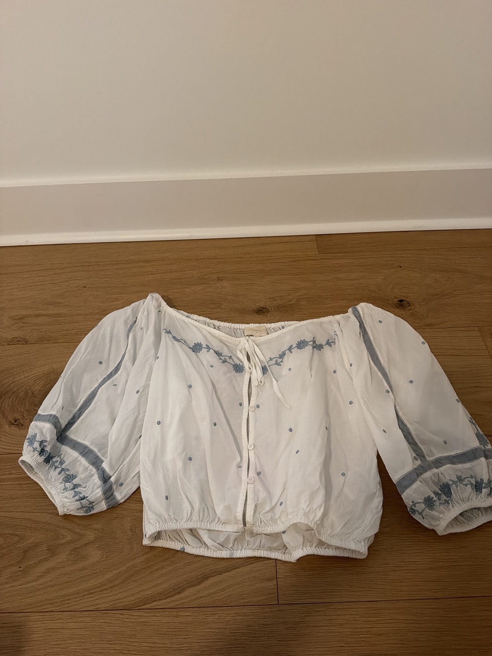Sezane Camelia Shirt Ecru With Blue Embroidery - Size 6